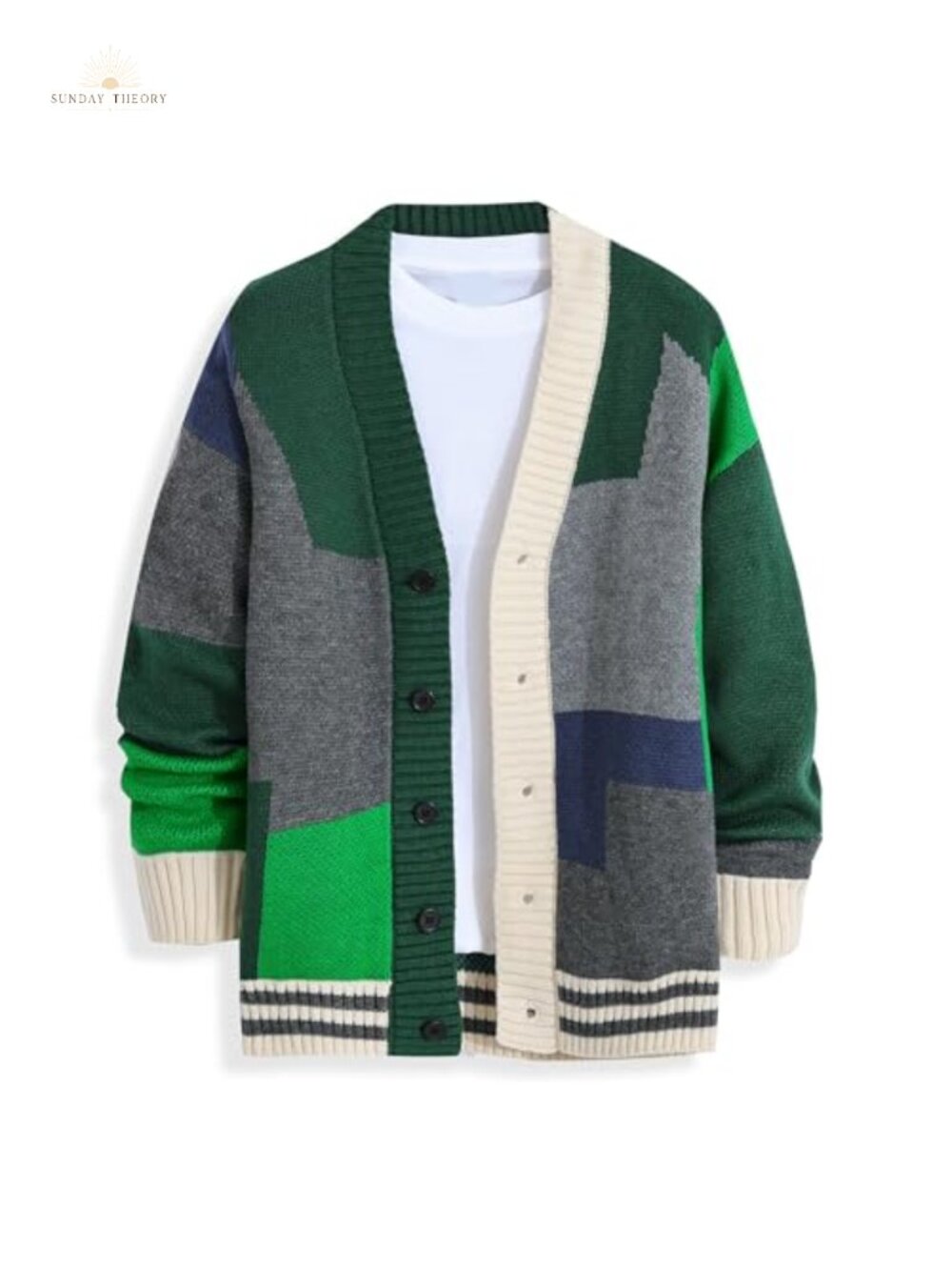 Men's Colorblock Cardigan Sweater Thick Knit Button Front Vintage